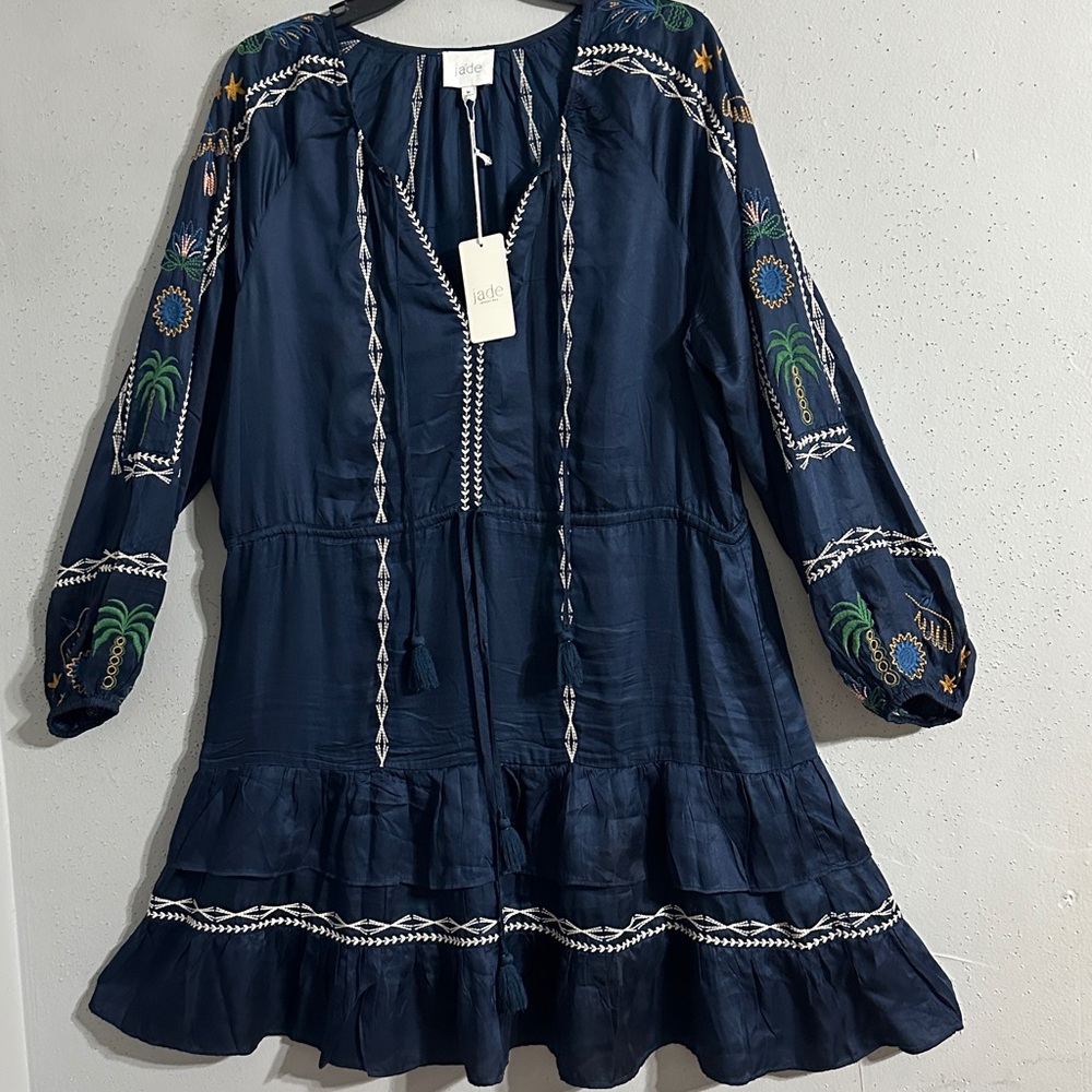 NWT Johnny Was Embroidered Navy Blue Tiered Mini Dress